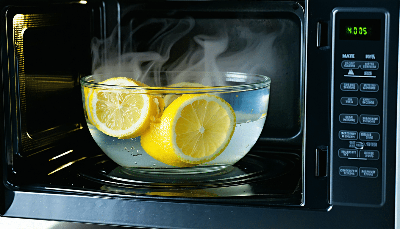 szybki sposób na czyszczenie mikrofalówki: użyj miski z wodą i cytryną przez 3 minuty zamiast sprayu, aby skutecznie usunąć zabrudzenia i nieprzyjemne zapachy.
