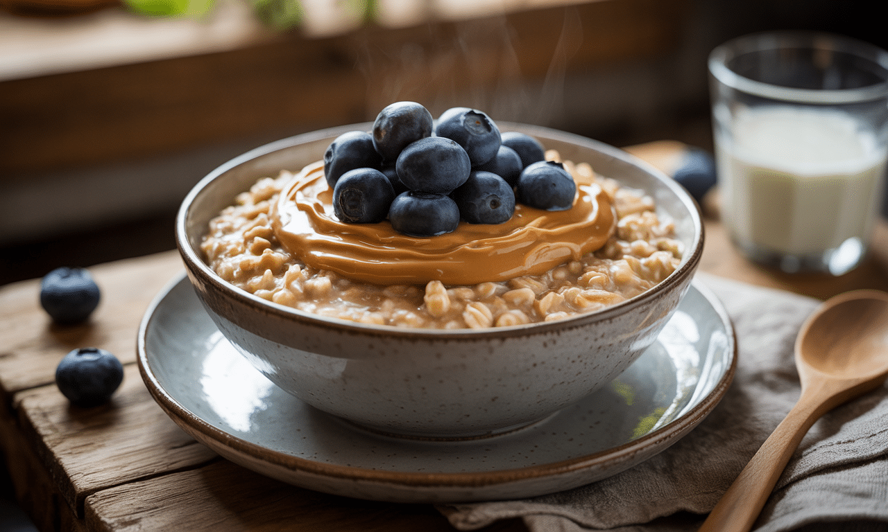 przygotuj pyszną owsiankę z masłem orzechowym i jagodami - sycące śniadanie, które zapewni energię aż do obiadu.