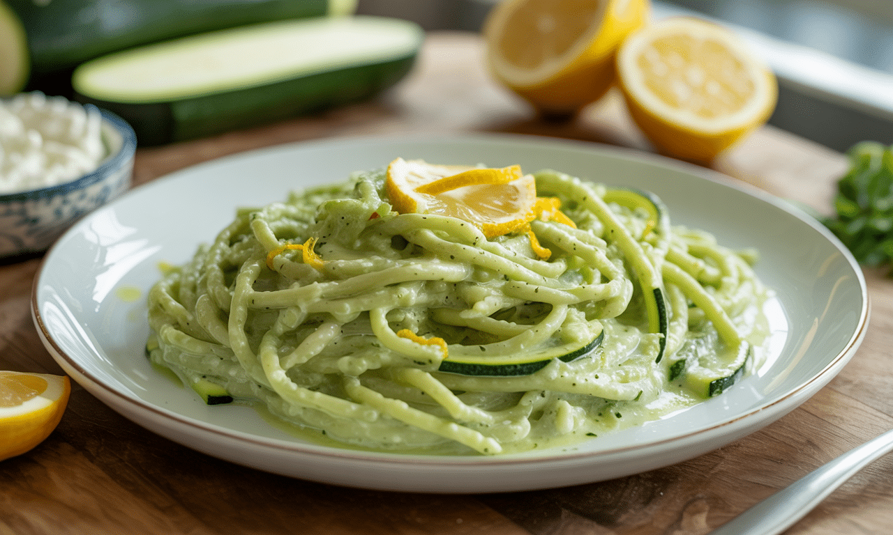 gotuję pyszną pastę z cukinii, cytryny i ricotty – lekka, kremowa i gotowa w zaledwie 12 minut. idealna na szybki i zdrowy posiłek!