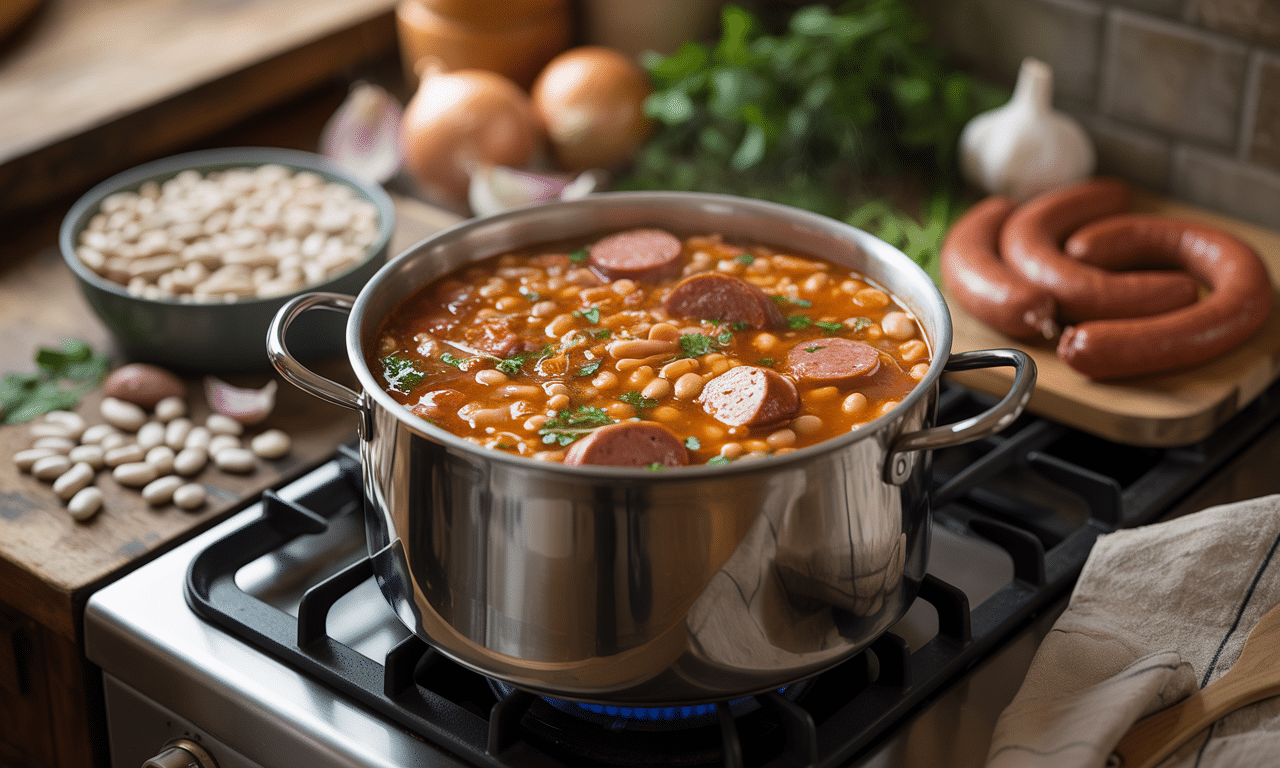 przepis na tanią i sycącą potrawkę z białej fasoli i kiełbasy, idealną na mroźne dni. prosty i smaczny sposób na rozgrzewający posiłek.