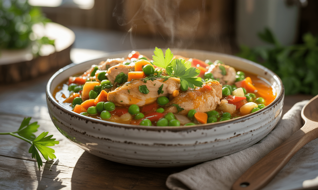 szybki i smaczny przepis na potrawkę z kurczaka i groszku, gotową w 20 minut. kolorowe danie, które syci i zachwyca smakiem.