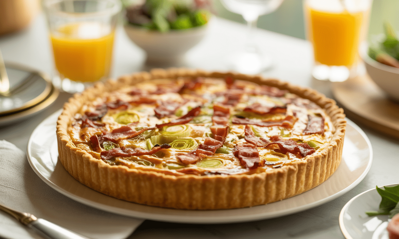 przygotuj elegancką quiche z porami i boczkiem na brunch, gotową w 40 minut. prosty przepis na smaczne i szybkie danie idealne na każdą okazję.