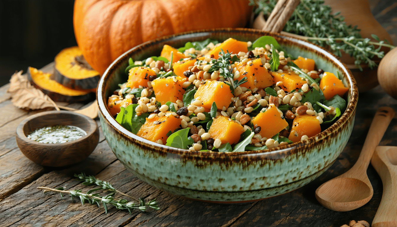 przygotowuję tę sałatkę z kaszy i pieczonej dyni: sycącą, sezonową i gotową w 25 minut.