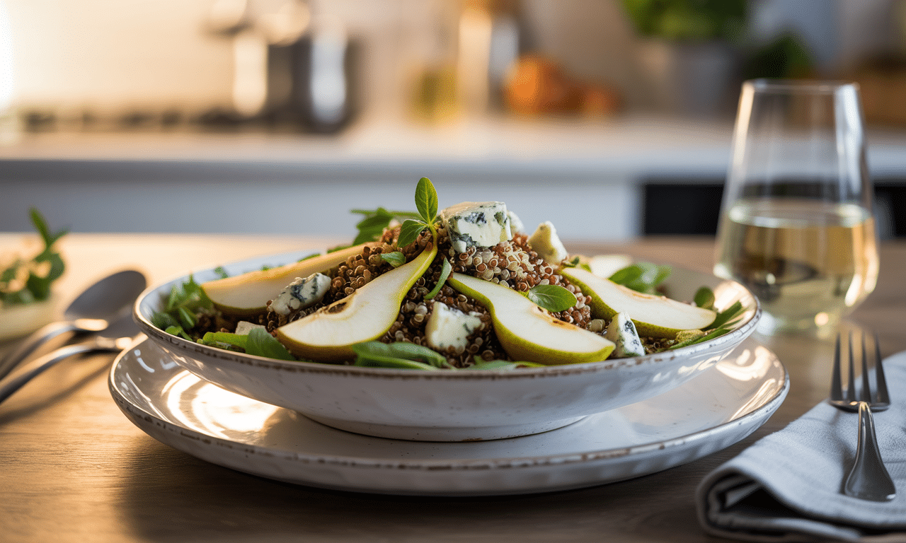 przygotowuję tę sałatkę z komosy, gruszki i sera pleśniowego: elegancką, szybką i idealną na kolację.