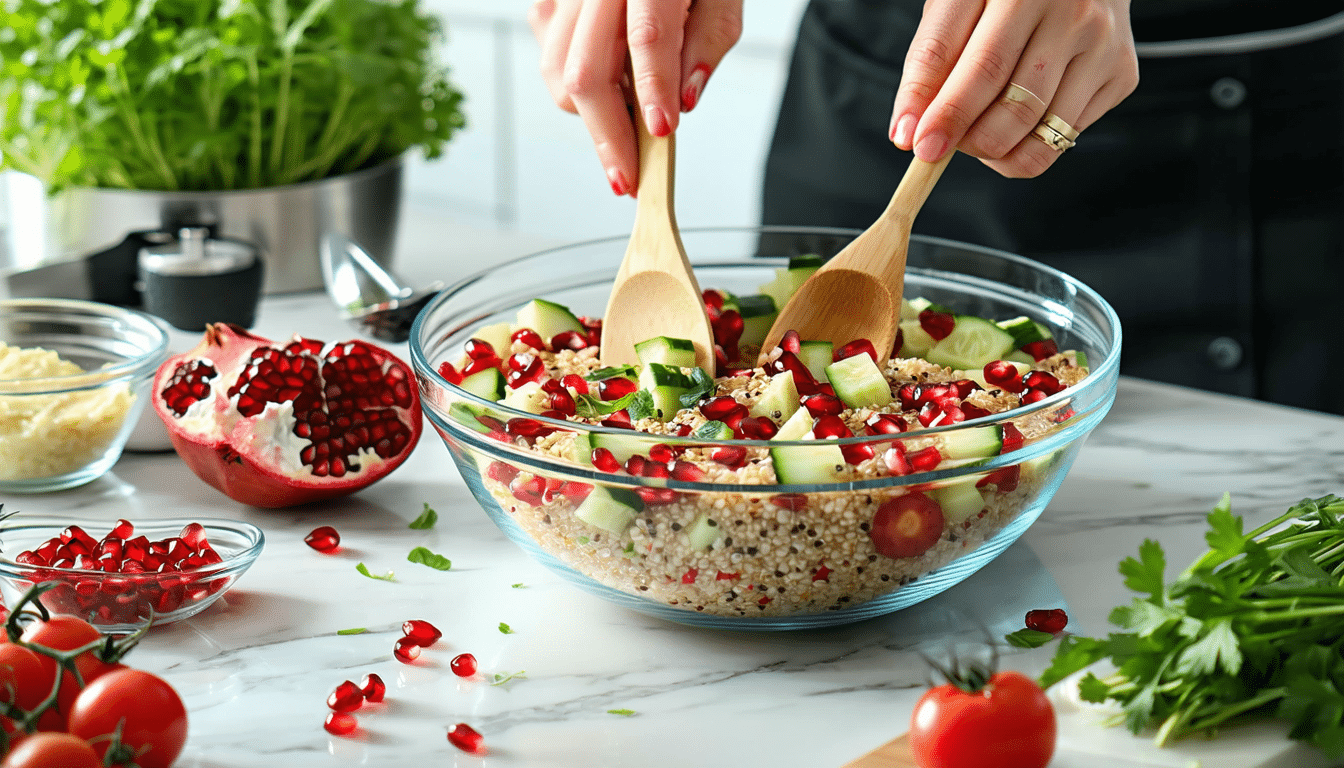 przygotowuję tę sałatkę z komosy ryżowej i granatów: kolorową, sycącą i gotową w 15 minut.