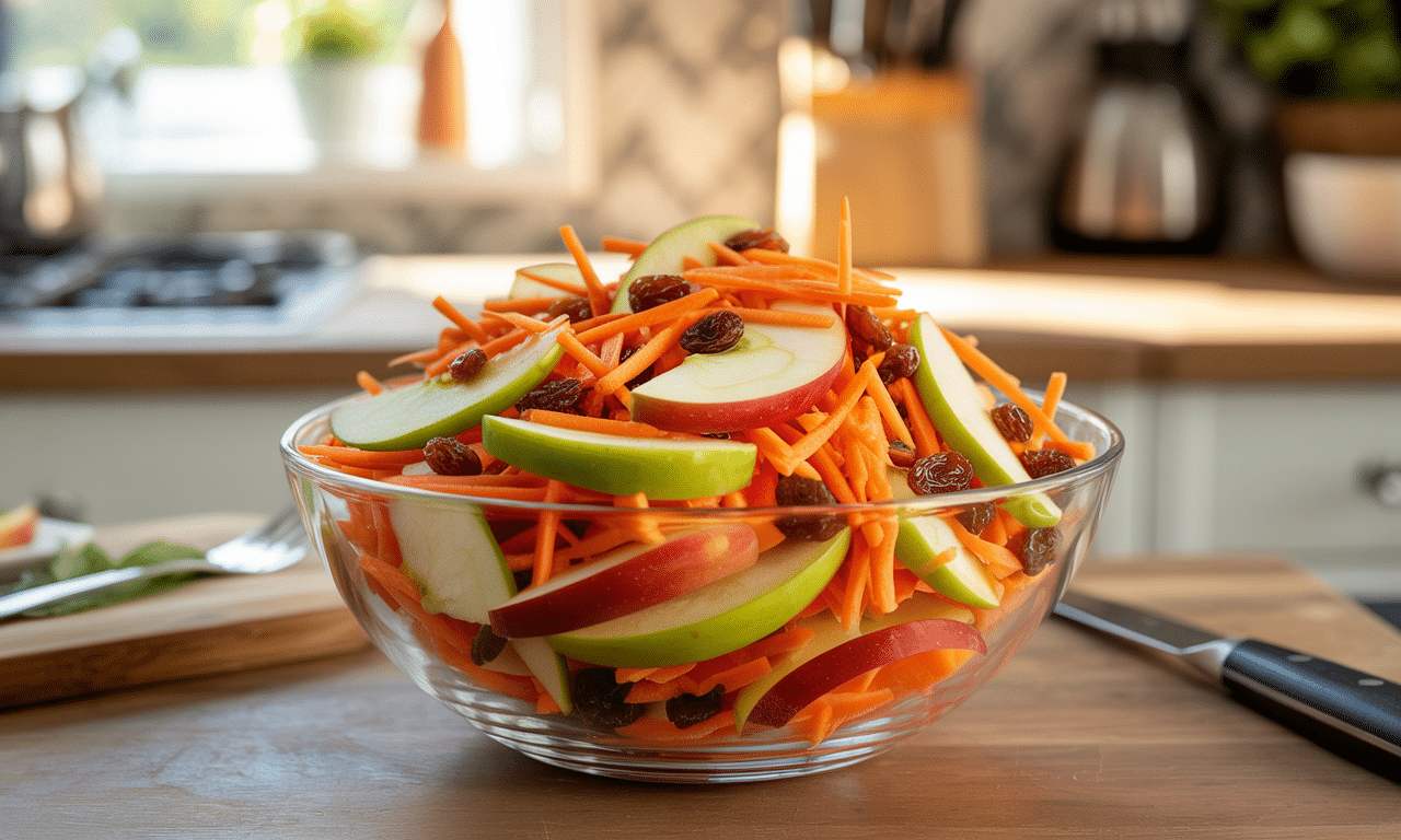 przygotuj tę kolorową, zdrową sałatkę z marchewki, jabłka i rodzynek w zaledwie 5 minut. prosty i szybki przepis na świeżą przekąskę pełną smaku i witamin.