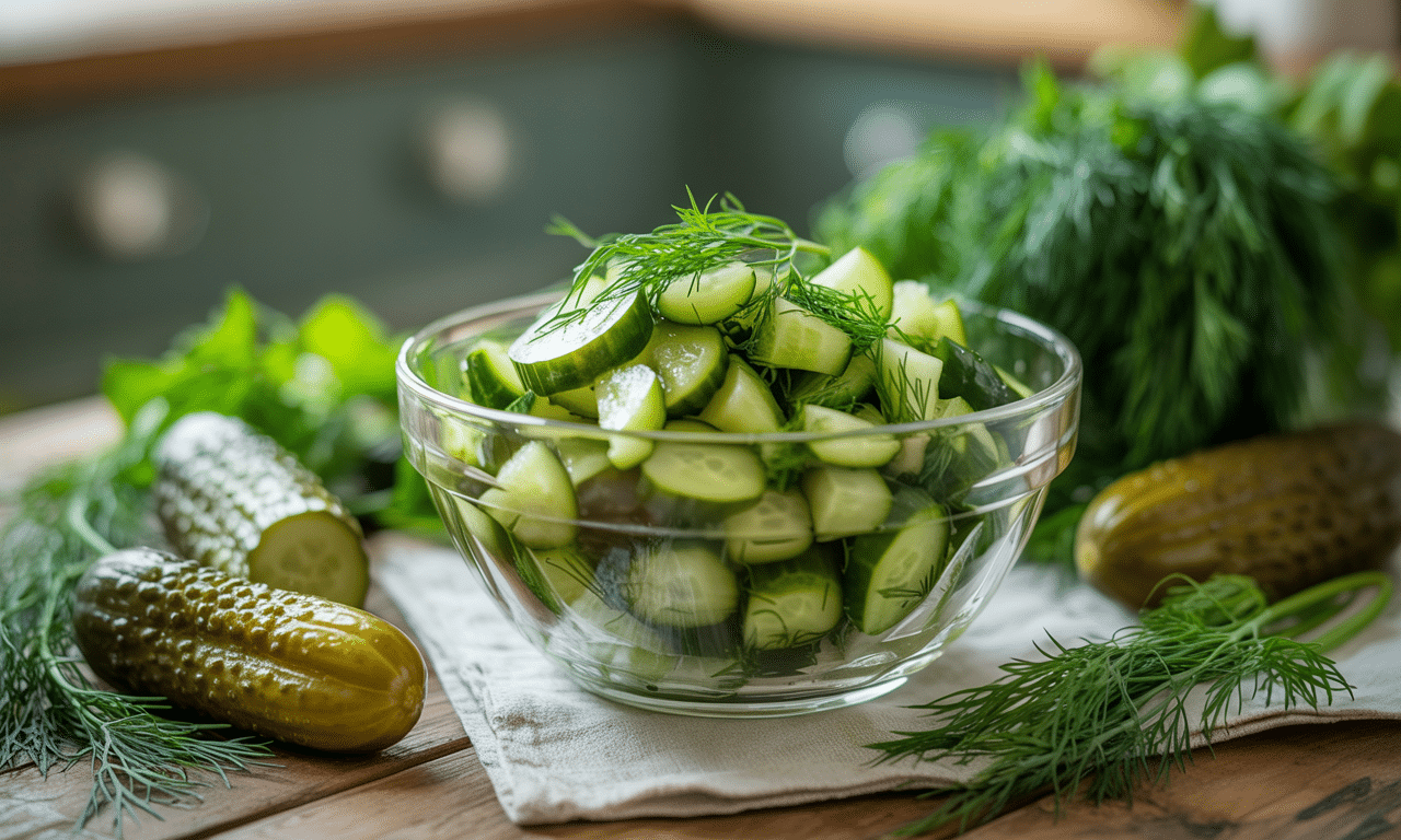przepis na prostą i orzeźwiającą sałatkę z ogórka kiszonego i kopru, idealną jako dodatek do obiadu. szybka w przygotowaniu, pełna smaku i świeżości.
