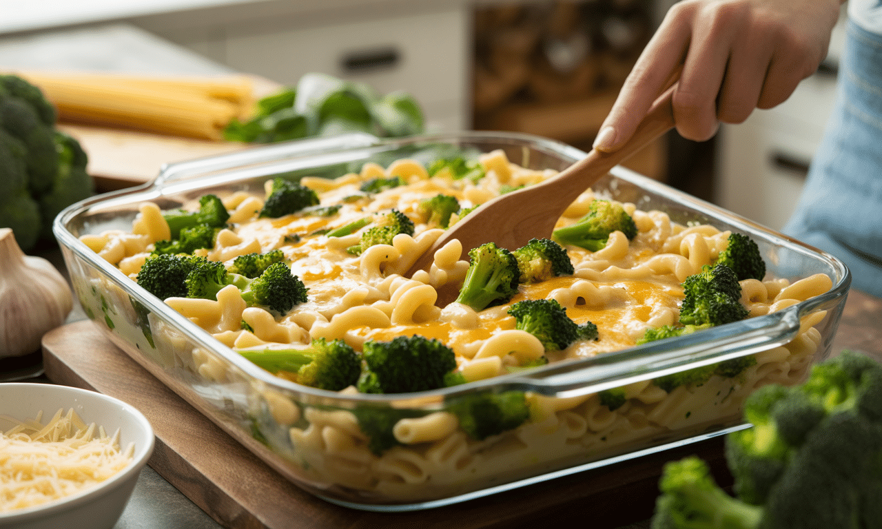 przepis na pyszną zapiekankę z makaronem i brokułami, którą chętnie jedzą dzieci, a dorośli sycą się smakiem i pożywieniem.