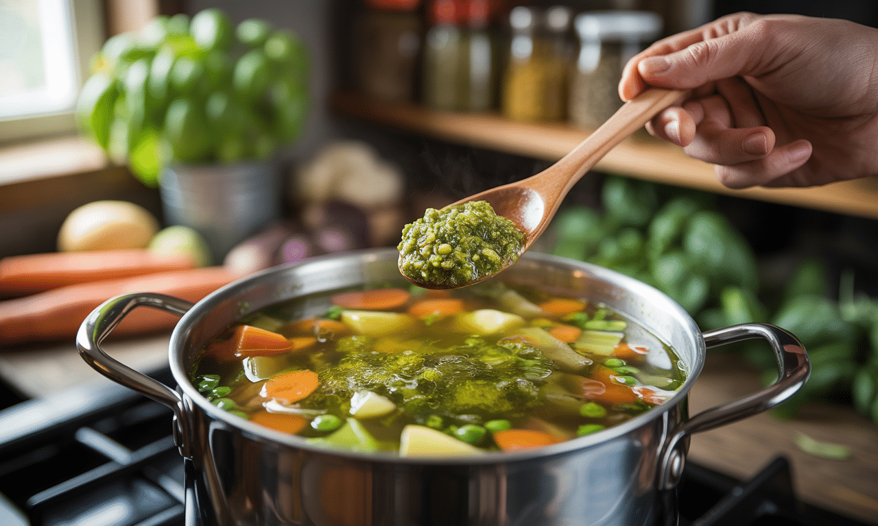 gotuję pyszną zupę jarzynową z dodatkiem pesto – jedna łyżka na końcu całkowicie zmienia smak i sprawia, że danie staje się wyjątkowe.