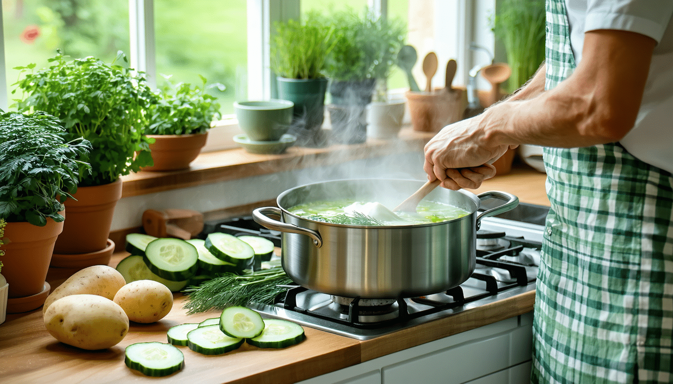 gotuję tę orzeźwiającą i lekką zupę ogórkową latem, bo idealnie chłodzi i odświeża w ciepłe dni.
