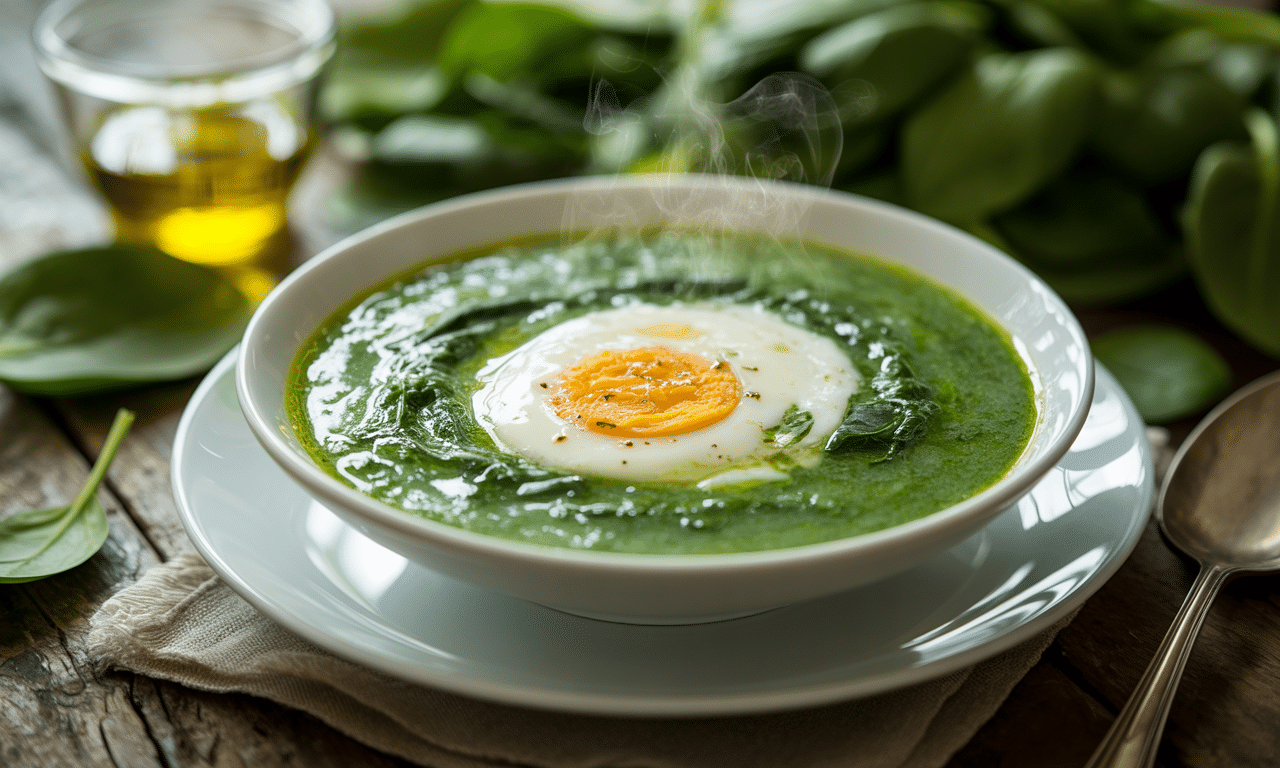 przepis na kremową, zieloną zupę szpinakową z jajkiem, gotową w zaledwie 15 minut. szybkie i smaczne danie idealne na każdą porę dnia.
