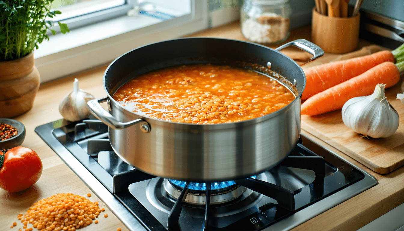 gotuję tę pyszną zupę z czerwonej soczewicy, ponieważ jest gotowa w 20 minut i wystarcza, aby nakarmić cztery osoby. szybki i pożywny posiłek dla całej rodziny!