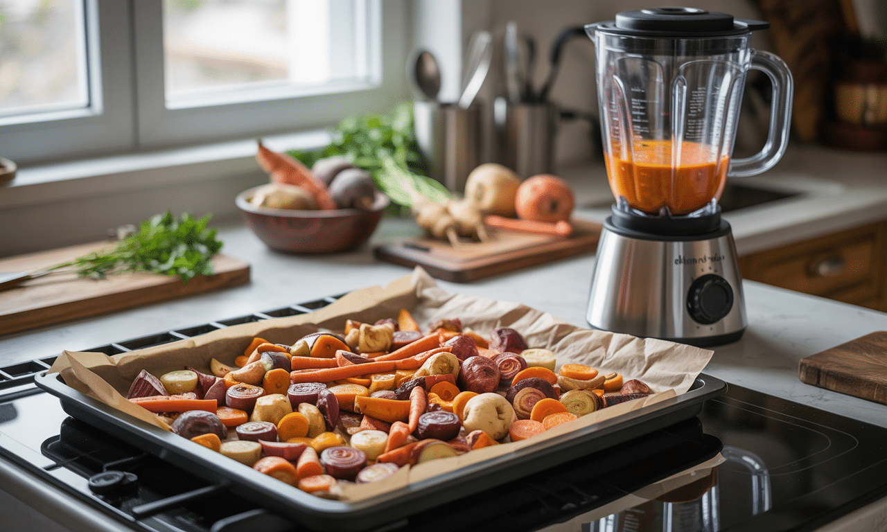przepis na pyszną zupę z pieczonych warzyw korzeniowych – po prostu wrzuć składniki na blachę, upiecz i zmiksuj blenderem. szybko, łatwo i zdrowo!
