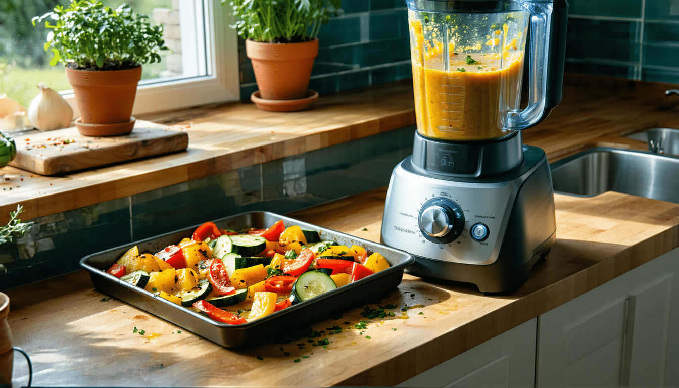 przepis na pyszną zupę z pieczonych warzyw – wystarczy wrzucić składniki na blachę, upiec i zmiksować w blenderze. szybko, łatwo i smacznie!