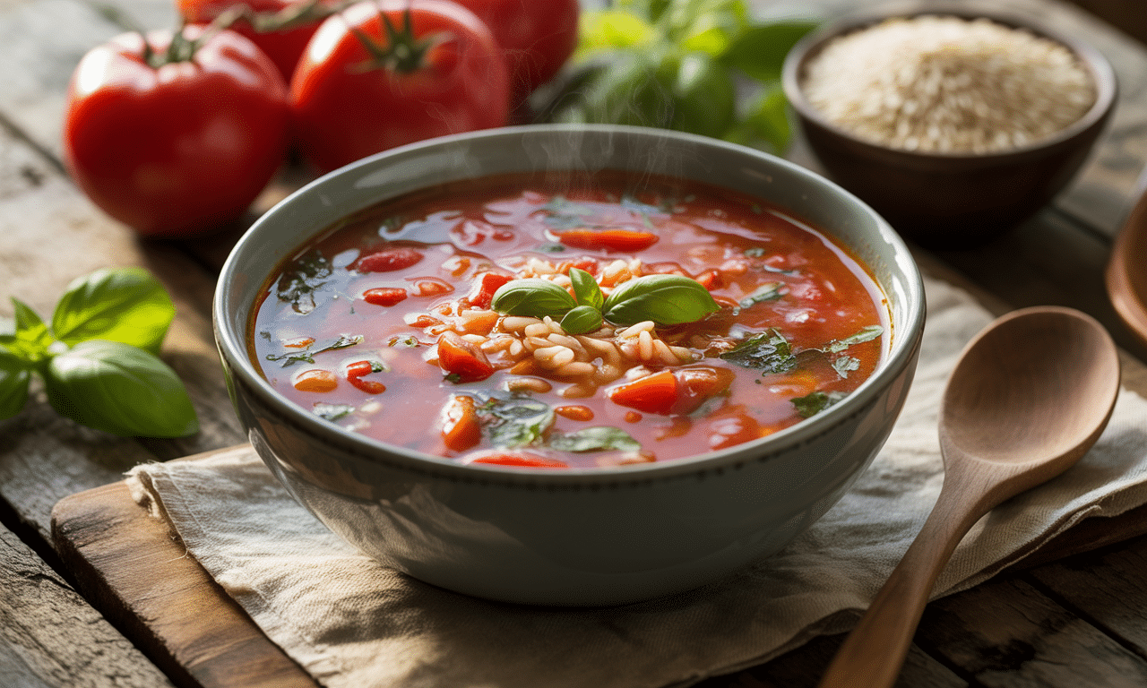 szybka i pyszna zupa z pomidorów i ryżu – klasyczne danie, które pokochasz. gotowa w 20 minut, idealna na każdą okazję!