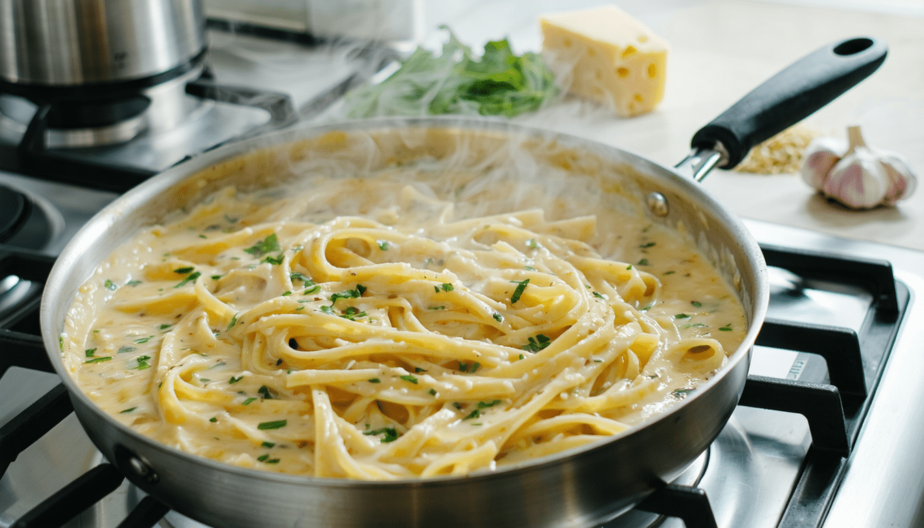 przepis na kremowy makaron, który syci i jednocześnie nie obciąża żołądka. idealne danie na szybki i lekki posiłek.