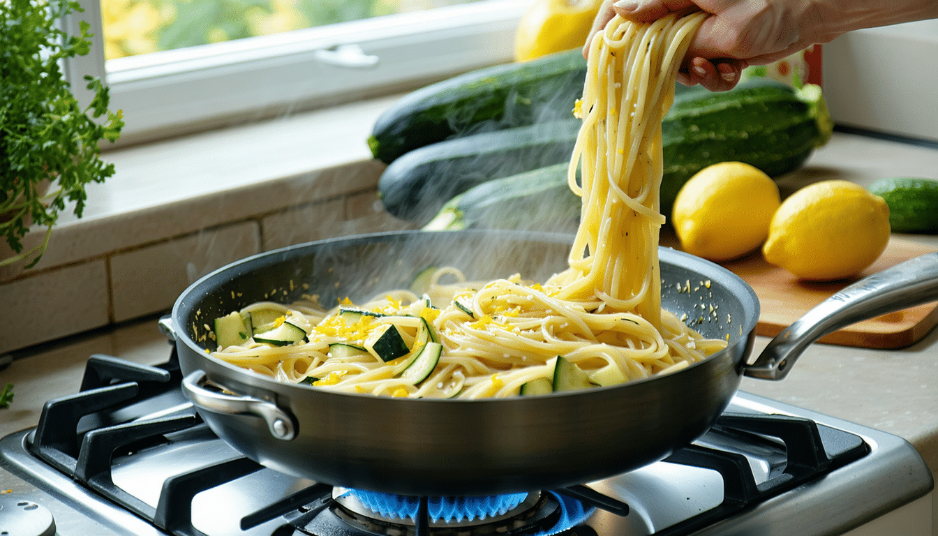 gotuję ten makaron z cukinią i cytryną, gdy chcę przygotować lekkie i szybkie danie. idealny przepis dla miłośników zdrowej i smacznej kuchni.