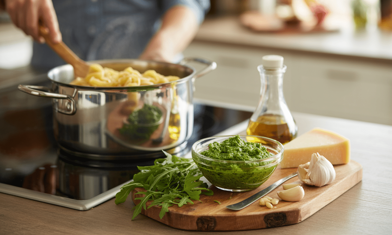 przygotuj makaron z pesto z rukoli — tańszą i świeższą alternatywę dla klasycznego pesto bazyliowego. szybki i smaczny przepis na wyjątkowy obiad.