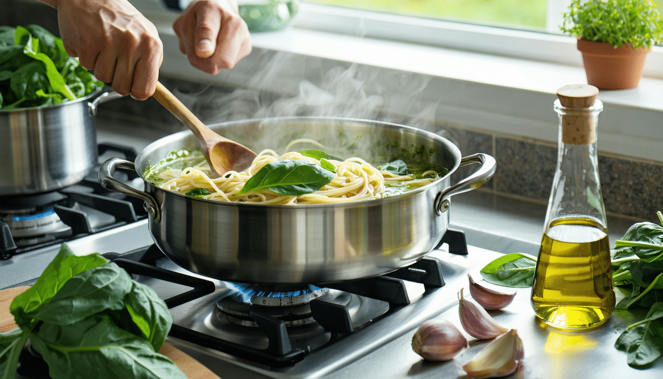 gotuj szybki i łatwy makaron z sosem szpinakowym w zaledwie 15 minut – pyszne danie, które przygotujesz szybciej niż myślisz.