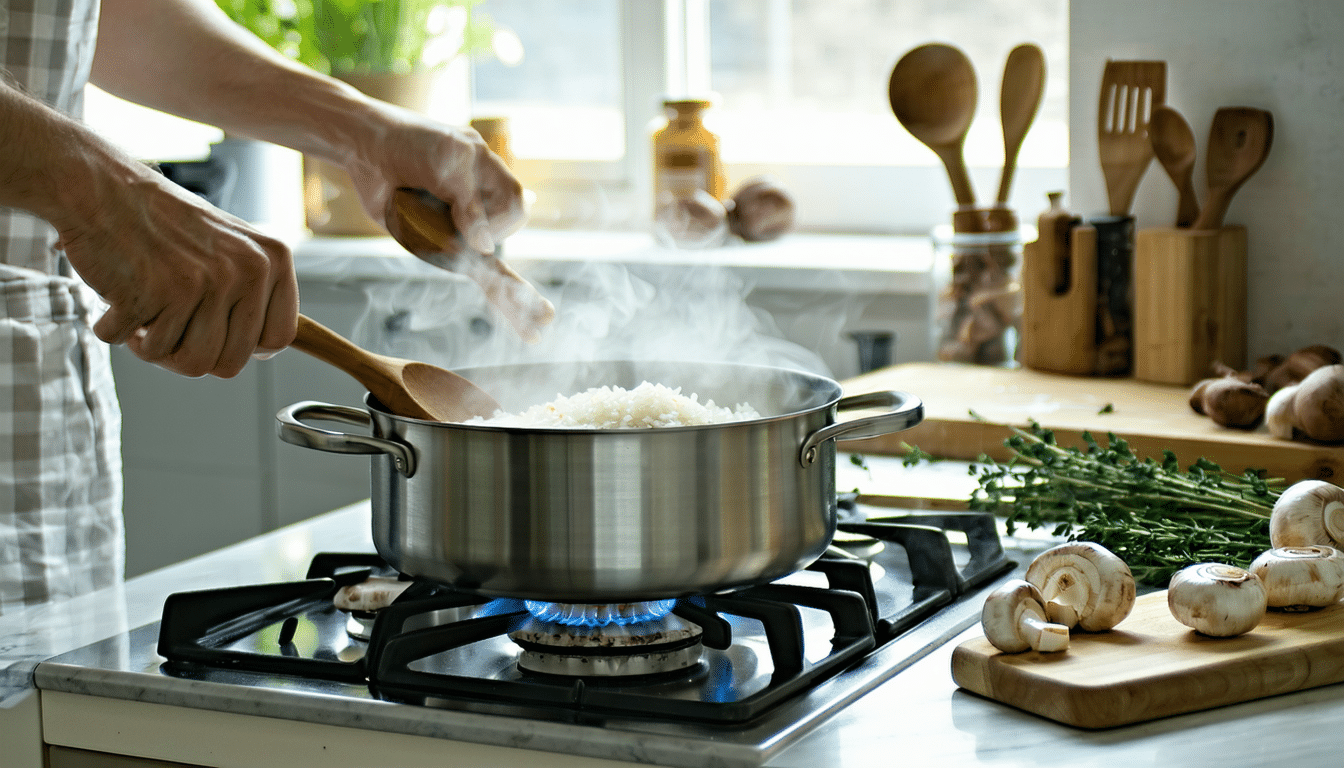 szybki przepis na ryż z pieczarkami i tymiankiem, idealny na kolację gotową w 20 minut.