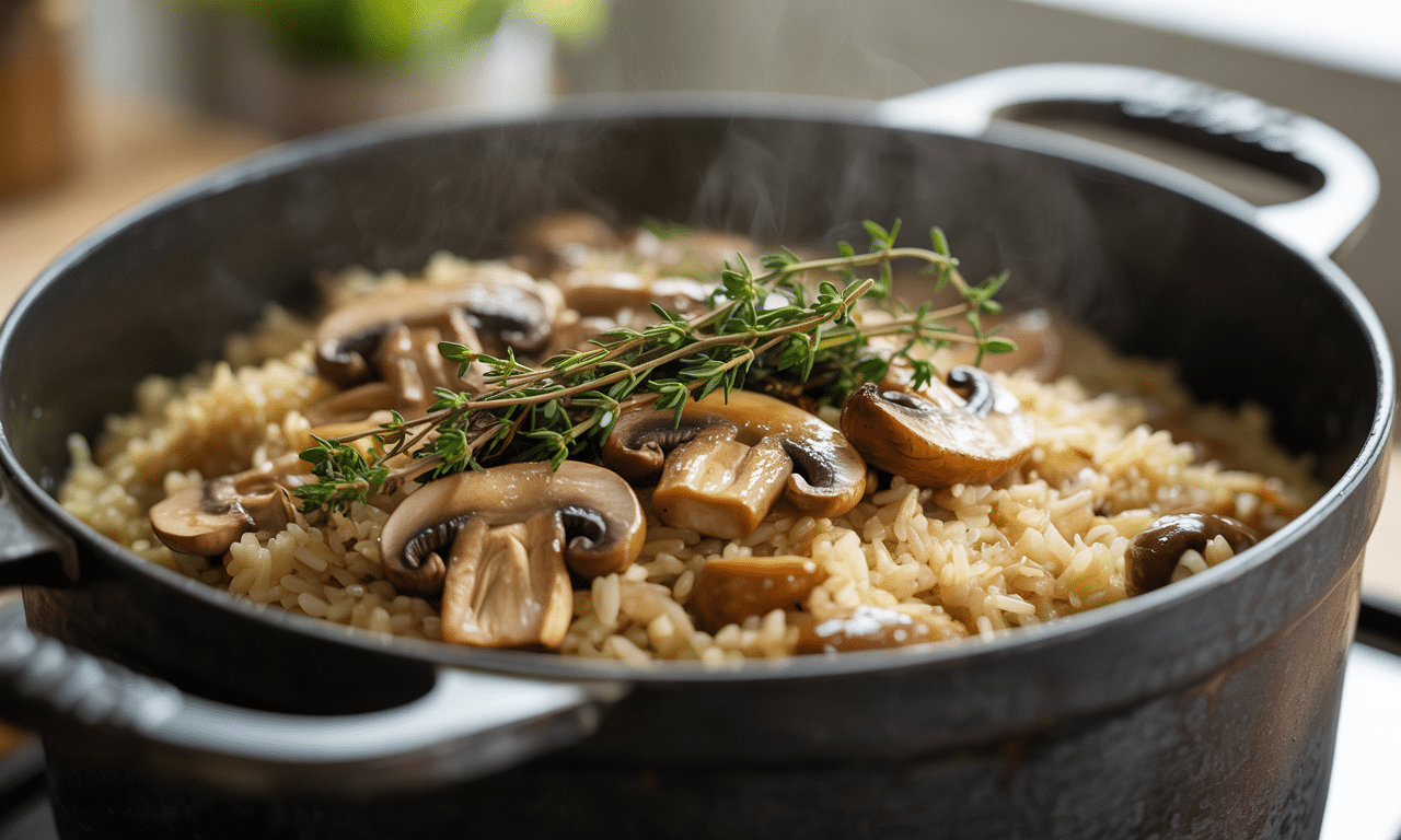 gotuję aromatyczny ryż z pieczarkami i tymiankiem – prosty przepis na smaczne danie, gotowe w jednym garnku.