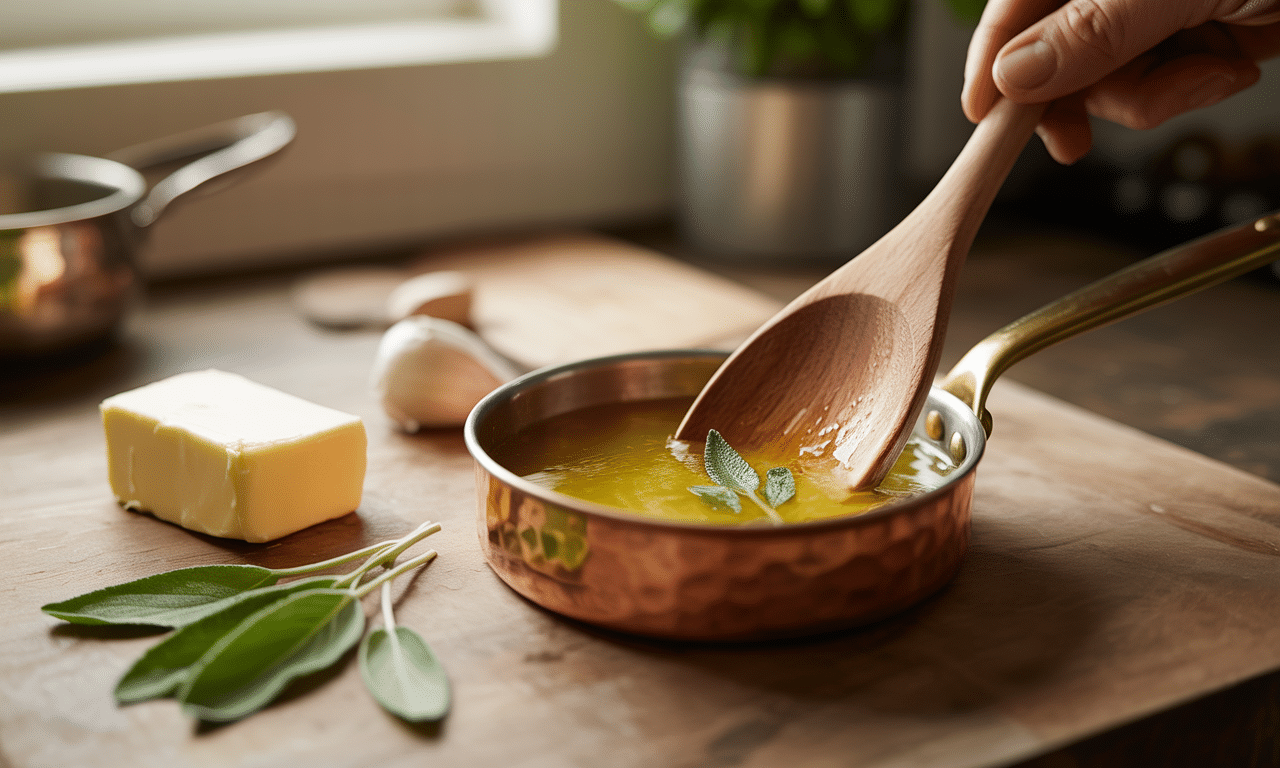 gotuję sos z masła i szałwii: tylko trzy składniki, pięć minut przygotowania, smak, który nie potrzebuje nic więcej. prosty i pyszny dodatek do każdego dania.