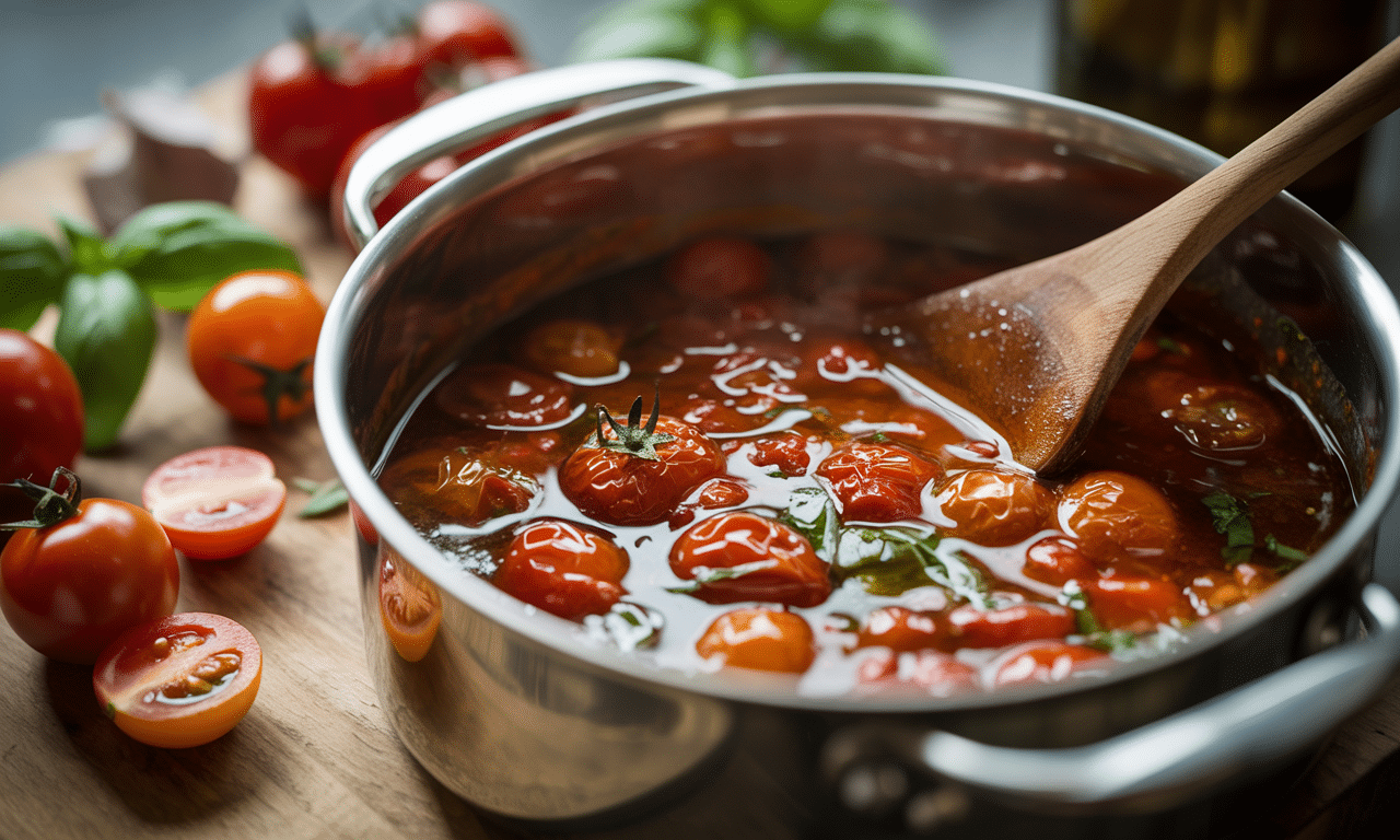 przygotuj intensywny sos z pieczonych pomidorów koktajlowych - prosto, szybko i bez wysiłku, idealny do każdego dania.