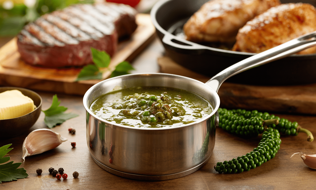 gotuję sos z zielonego pieprzu - idealny dodatek do steka i prostego kurczaka z patelni. sprawdź przepis na pyszny i aromatyczny sos!