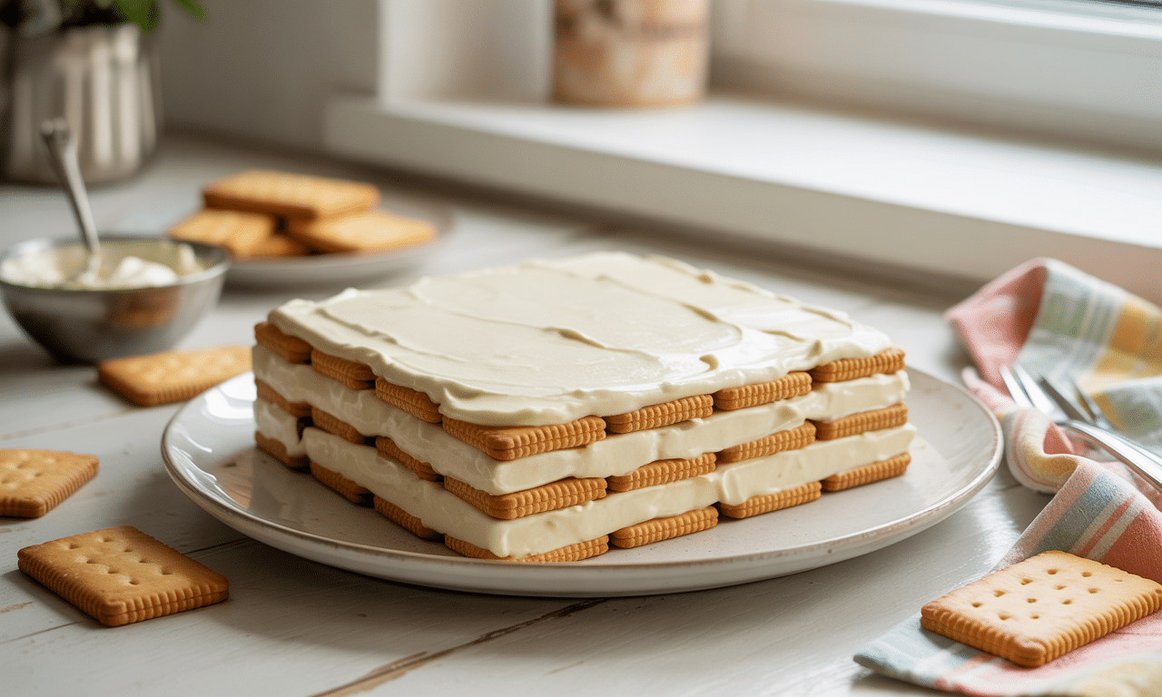 szybki i pyszny tort bez pieczenia z herbatnikami i kremem, gotowy w 20 minut. smak dzieciństwa w każdej porcji!
