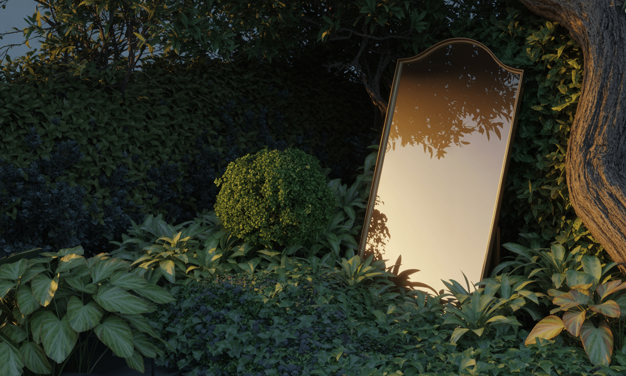 postawiłam lustro w zacienionym rogu ogrodu, dzięki czemu rośliny otrzymały więcej odbitego światła i zaczęły lepiej rosnąć.