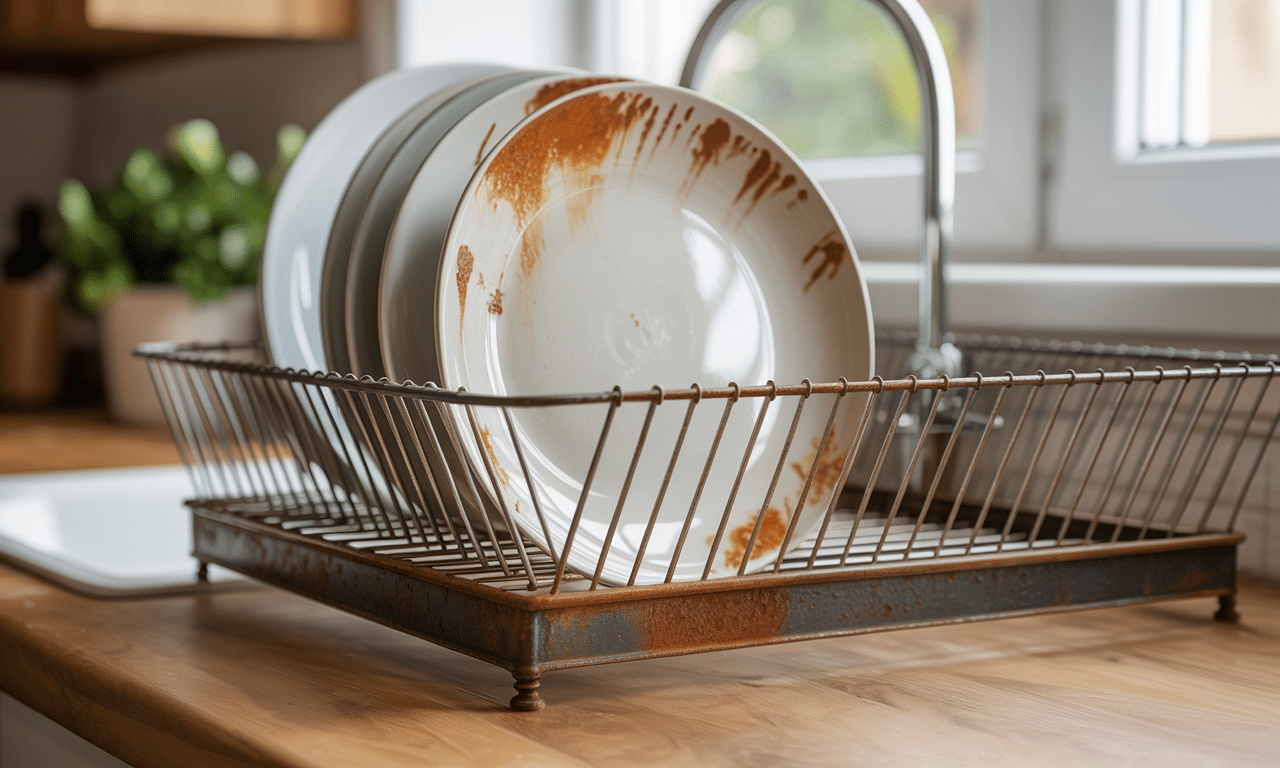 suszyłam naczynia na metalowej suszarce i nie wiedziałam, że rdza może przenieść się na talerze, co wpływa na higienę i wygląd naczyń.
