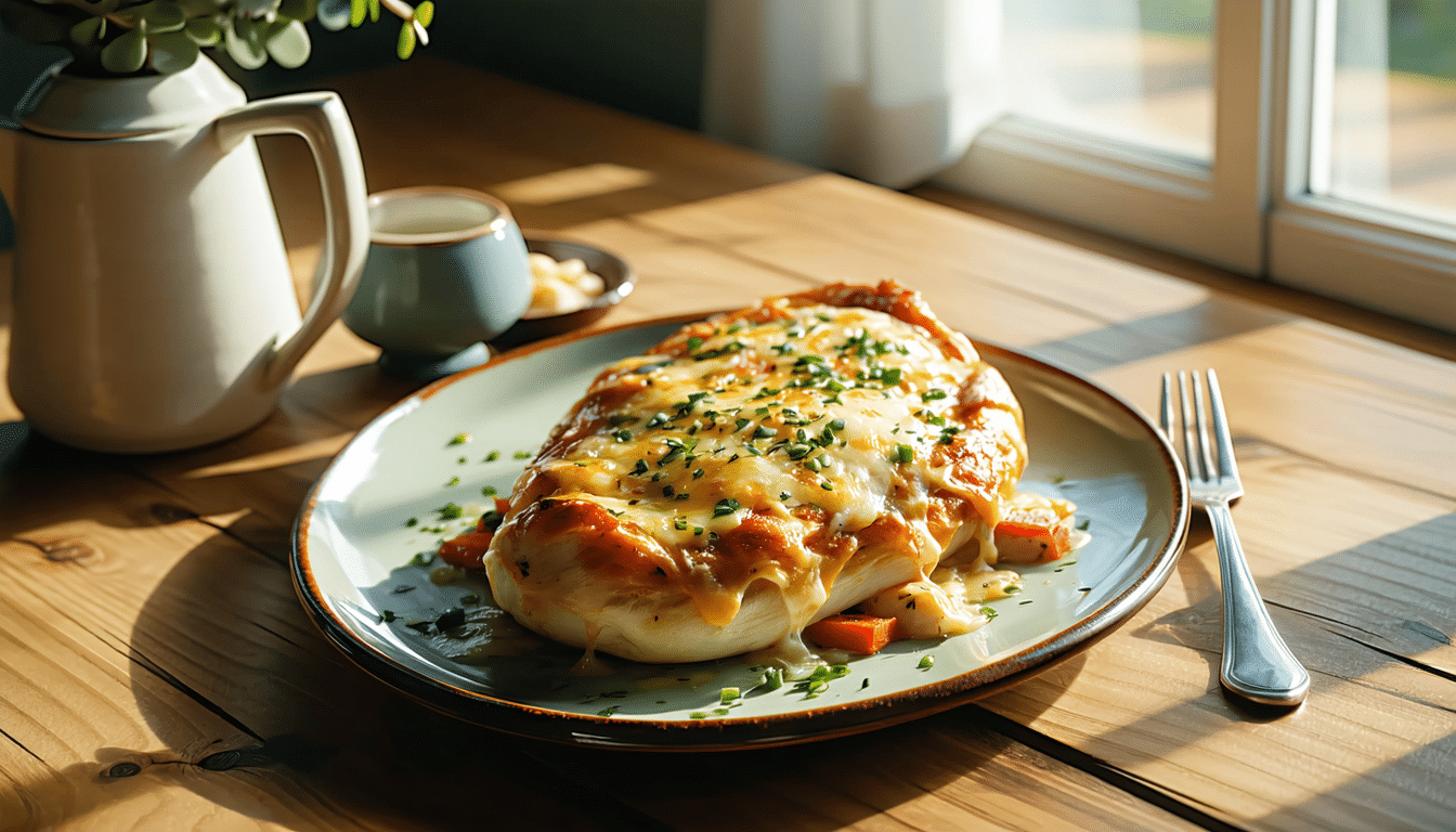 przepis na pyszną zapiekankę z kurczakiem, idealną na spokojny posiłek przy stole. łatwa w przygotowaniu i pełna smaku.