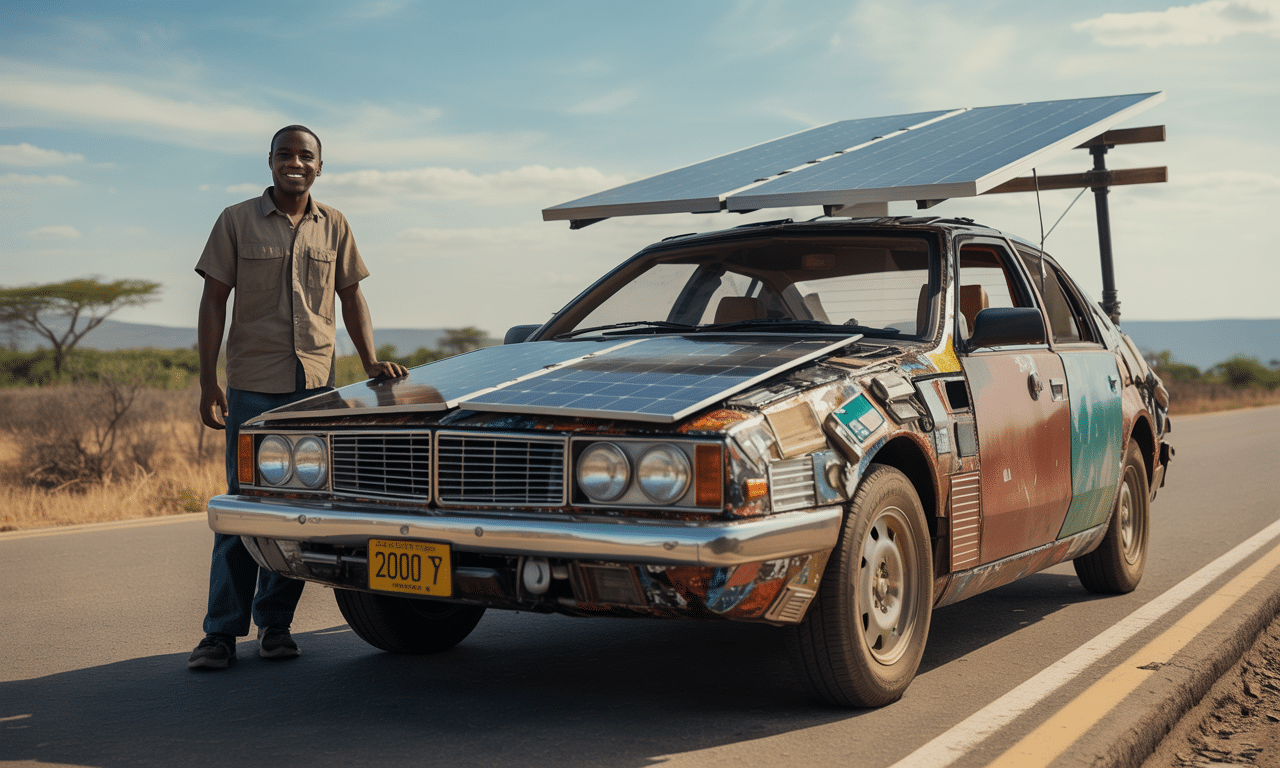nigerijski inżynier zbudował samochód solarny ze złomu i przejechał nim 2000 km, demonstrując innowację i ekologiczną motoryzację.