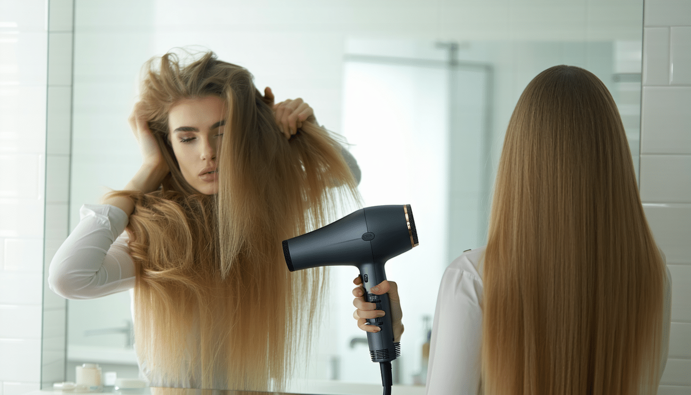 ten prosty trik z suszarką do włosów pozwala uzyskać efekt objętości w zaledwie 2 minuty. szybki i łatwy sposób na pełniejsze włosy każdego dnia.