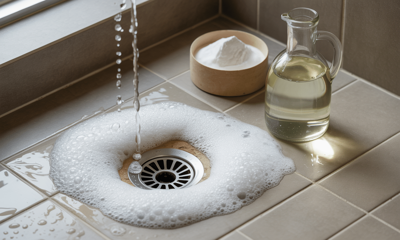 ten trik z sodą i octem skutecznie czyści odpływ prysznica bez użycia chemikaliów, zapewniając naturalne i bezpieczne rozwiązanie dla twoich rur.