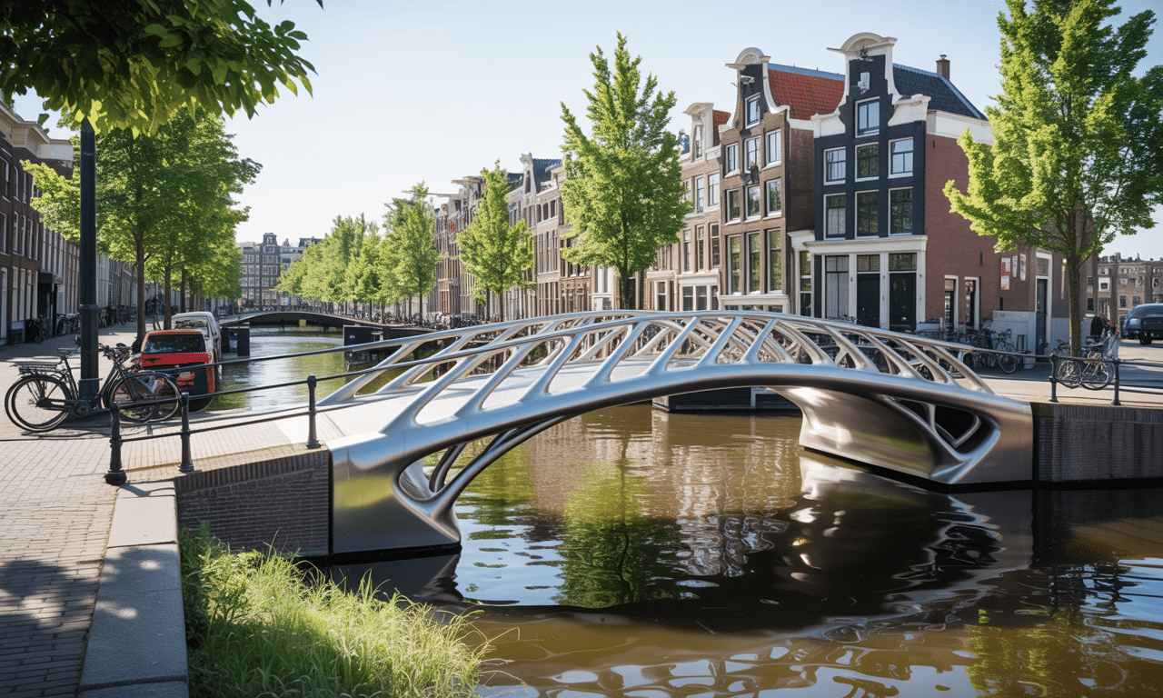 w amsterdamie otwarto pierwszy na świecie most wydrukowany w 3d ze stali nierdzewnej, łączący innowacyjną technologię z trwałością i nowoczesnym designem.