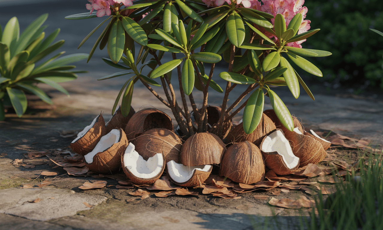 zakopałam kawałki skorupy kokosa wokół rododendrona – rozkład trwał długo, ale efekt okazał się niesamowity i korzystny dla rośliny.