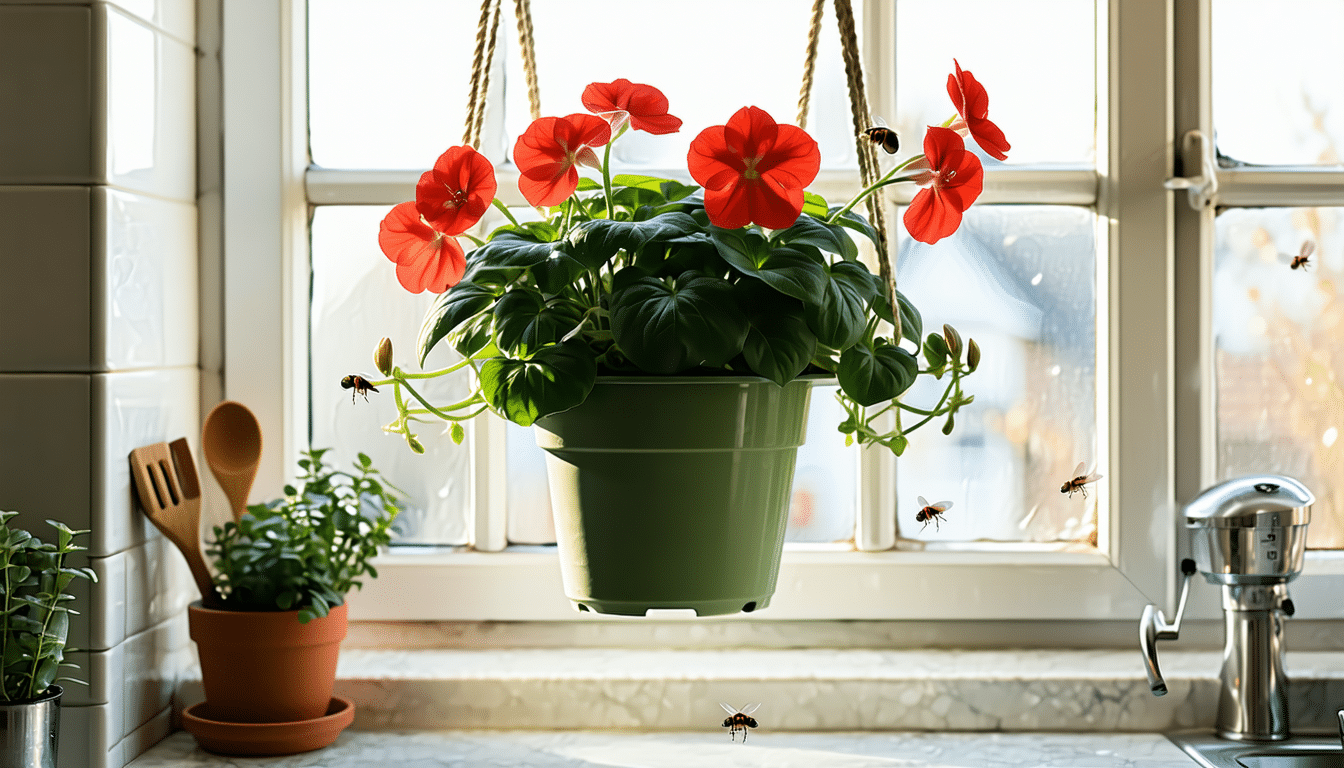 zawiesiłam doniczkę z pelargonią przy oknie kuchennym, dzięki czemu muchy naprawdę się zmniejszyły. sprawdź skuteczne i naturalne rozwiązanie na uciążliwe owady w kuchni.