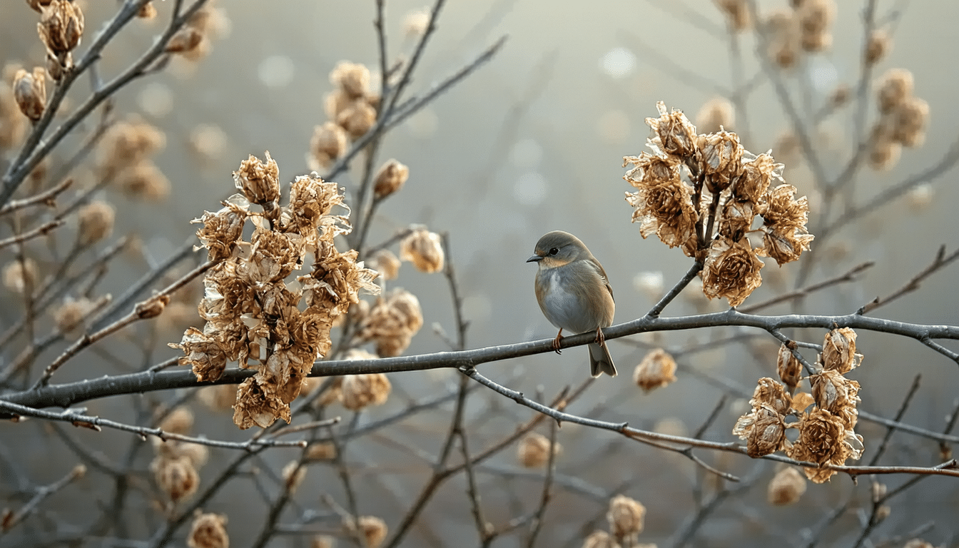 zostawiłam zeschnięte kwiatostany na zimę - odkryj, jak ptaki korzystały z nich jako pożywienia aż do wiosny i jak to wspiera naturalne ekosystemy.