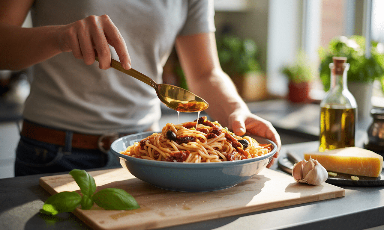 gotuj pyszny makaron z suszonymi pomidorami i oliwkami, ciesz się smakiem włoch w zaledwie 15 minut.