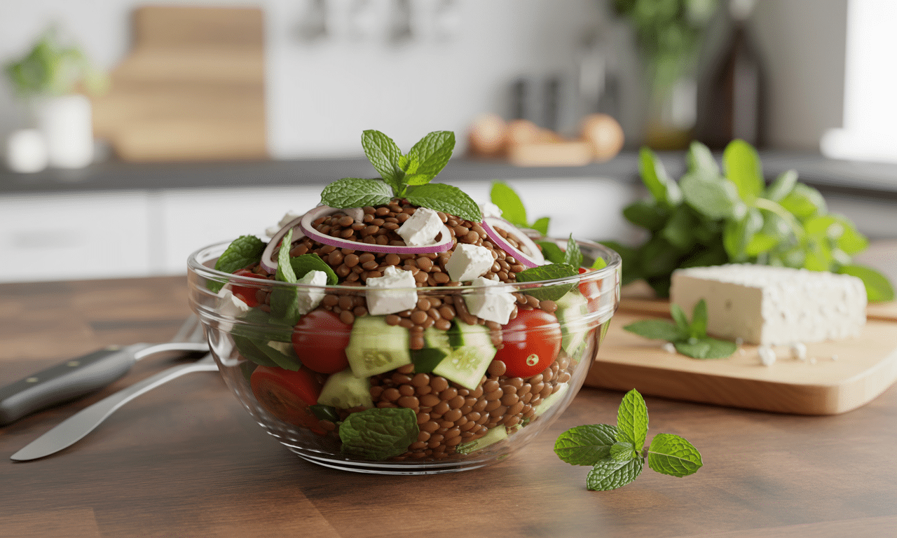 przygotowuję tę sycącą, kolorową sałatkę z soczewicy, fety i mięty - idealną na lunch do pracy.