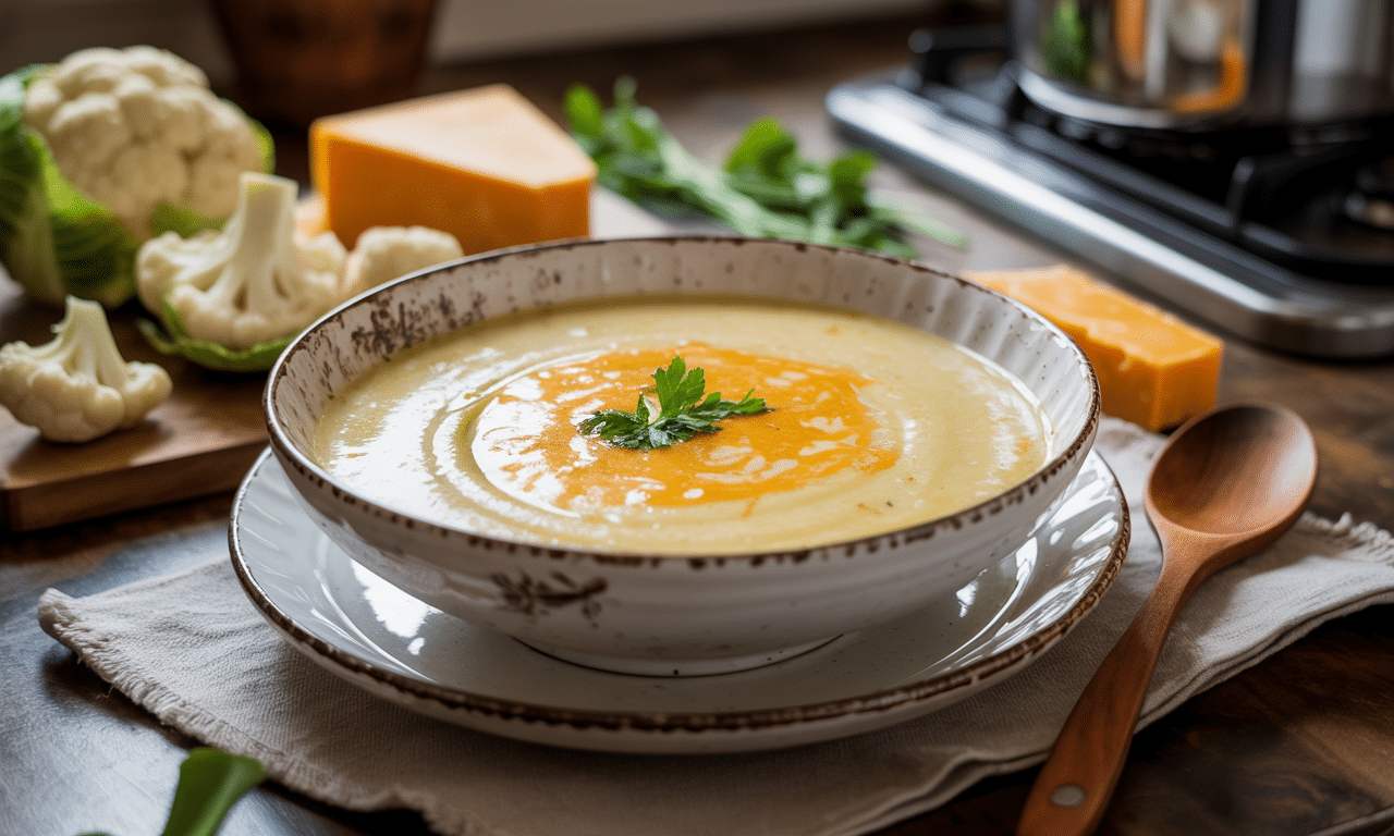 gotuję kremową i sycącą zupę z kalafiora i sera cheddar, gotową w zaledwie 20 minut.