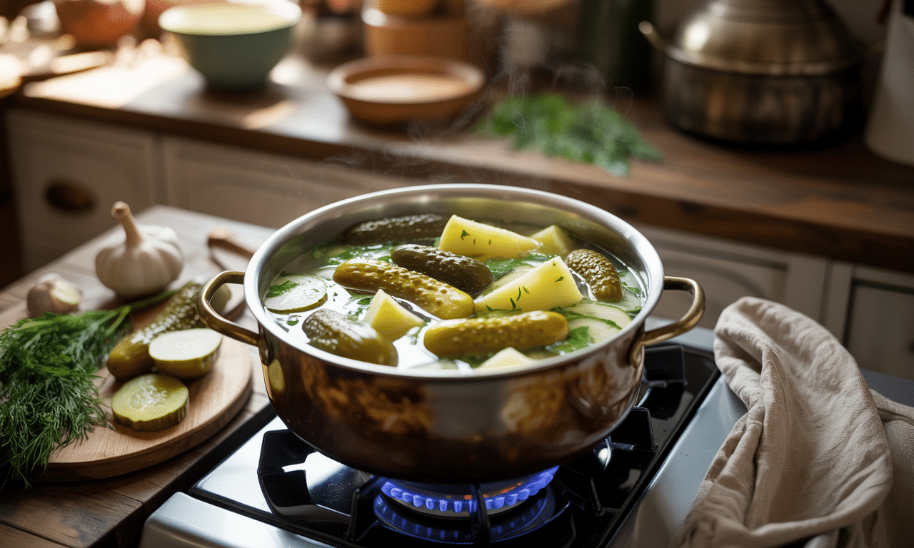 gotuję tradycyjną zupę z ogórka kiszonego i ziemniaków - smak, który nigdy się nie nudzi. sprawdź przepis na pyszne i domowe danie, które pokochasz.