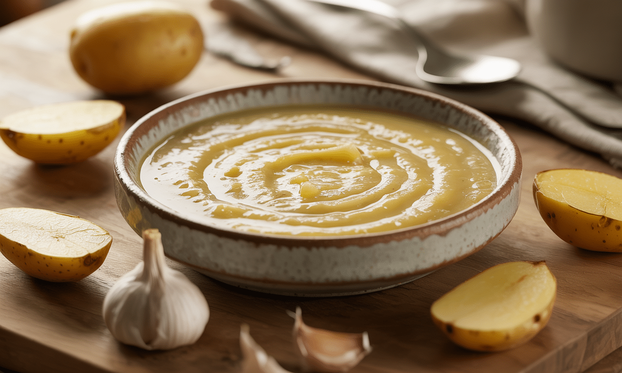 przepis na kremową zupę z pieczonych ziemniaków i czosnku, bez śmietany, łatwą do przygotowania i wyjątkowo smaczną.