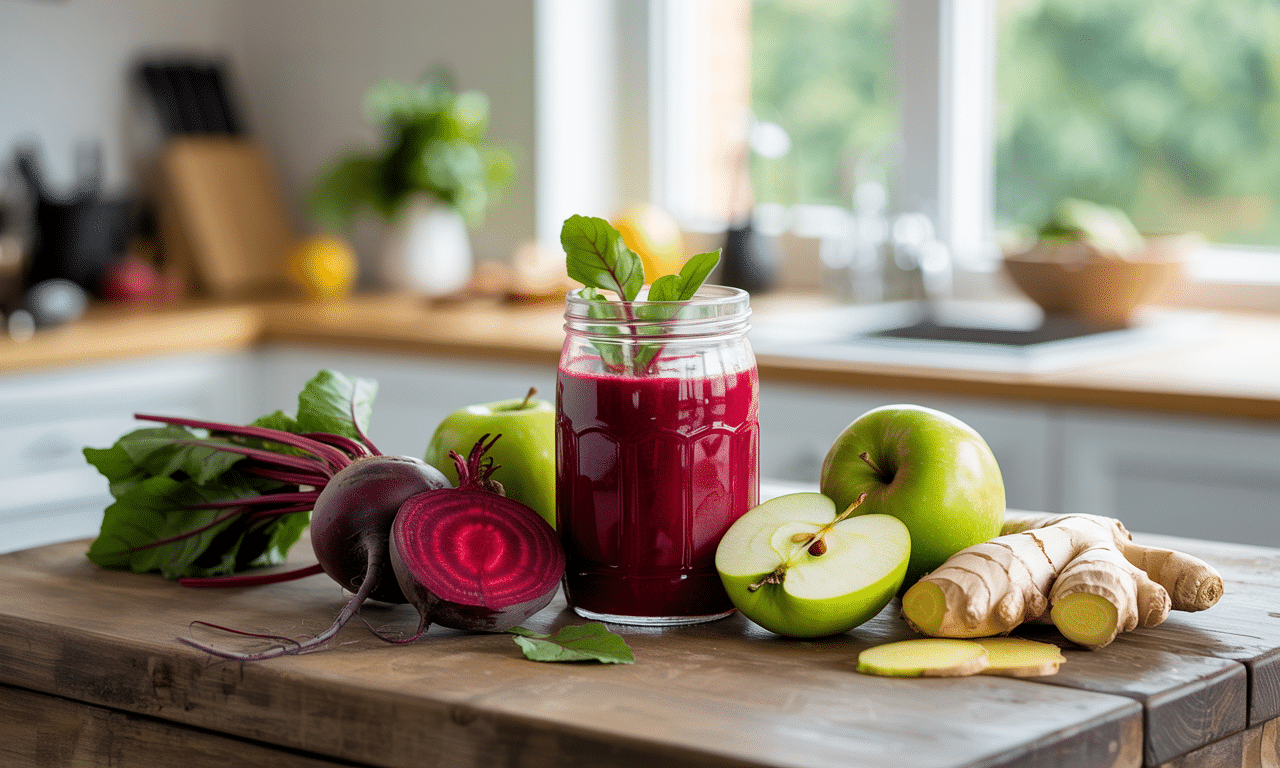 przygotuj energetyczny i zdrowy koktajl z buraka, jabłka i imbiru, gotowy w zaledwie 3 minuty. idealny sposób na szybkie doładowanie energii!