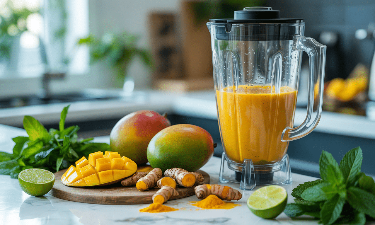 przygotuj orzeźwiający i zdrowy koktajl z mango i kurkumy w zaledwie 3 minuty. idealny sposób na szybki i smaczny napój pełen witamin.