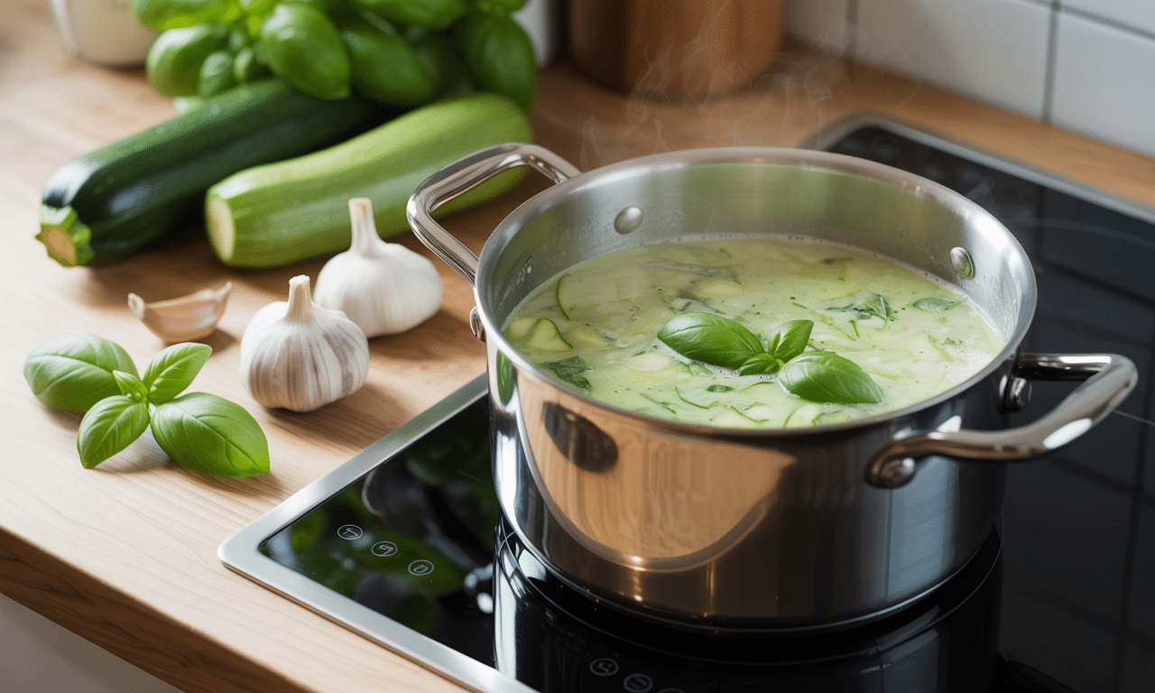 przepis na lekki i zielony krem z cukinii, czosnku i bazylii, który przygotujesz w zaledwie 15 minut. idealny na szybki i zdrowy posiłek.