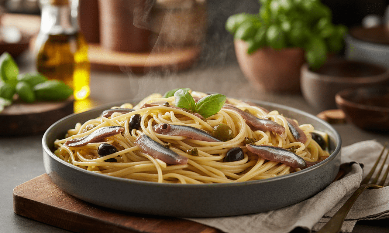 gotuję makaron z sardelami, kaparami i oliwkami – prawdziwy smak włoch w zaledwie 12 minut. prosty i szybki przepis na pyszne danie!