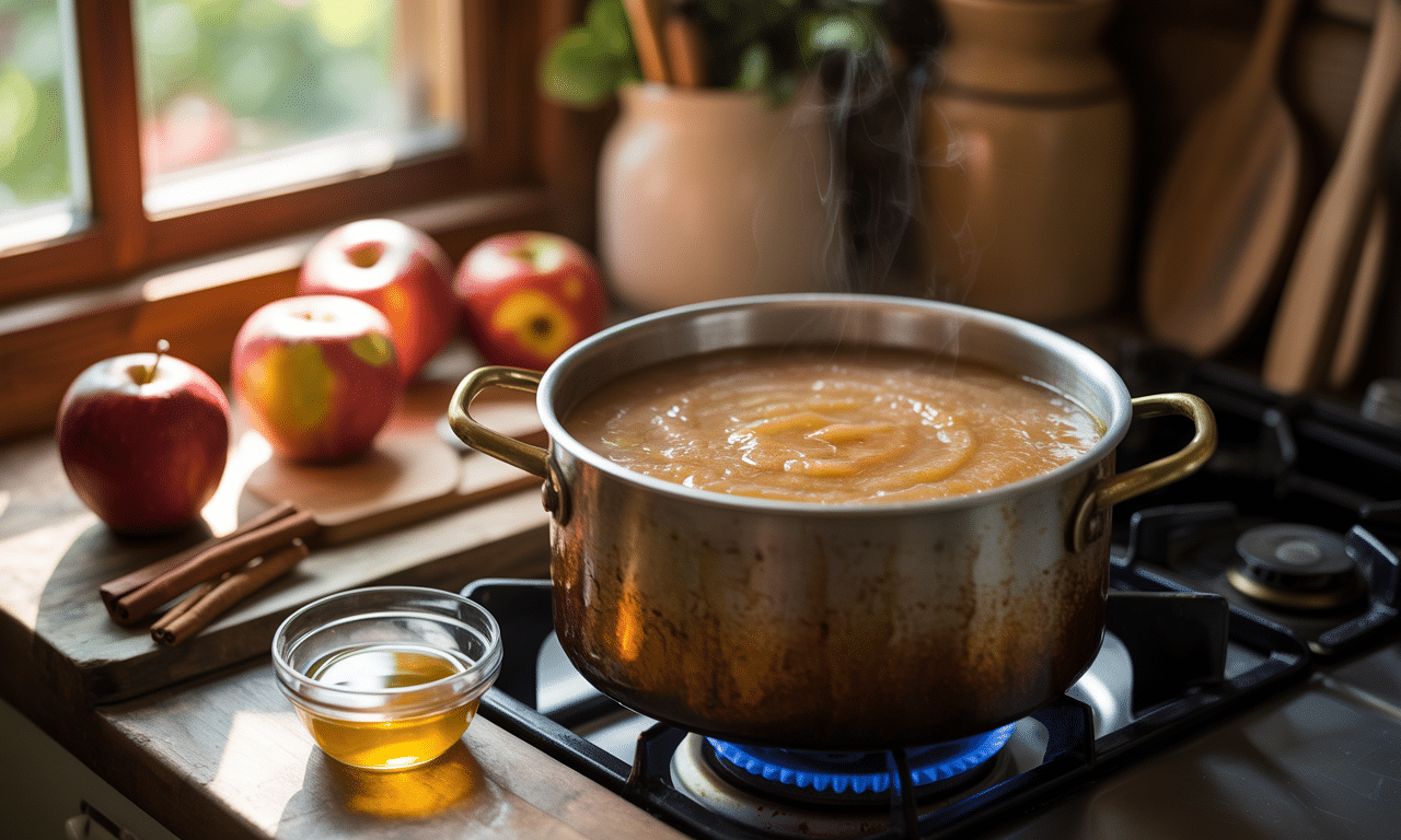 gotuję naturalny mus jabłkowy bez dodatku cukru, używając tylko cynamonu i odrobiny soku z cytryny – zdrowy i pyszny deser!