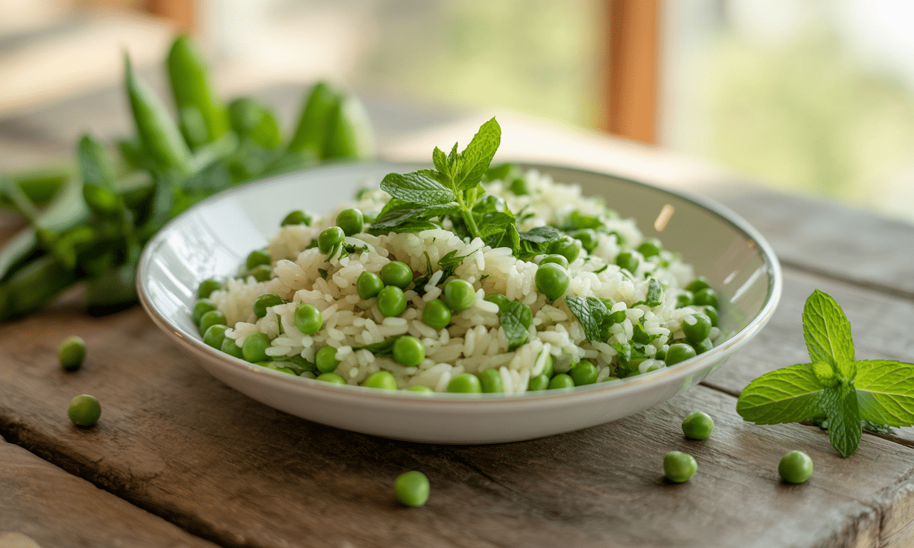prosty i lekki wiosenny obiad: gotowany ryż z groszkiem i miętą, idealny na szybki i smaczny posiłek.